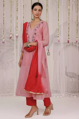 Peach embroidered chanderi Kurta Set