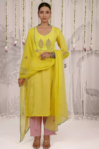 Yellow embroidered viscose Kurta Set