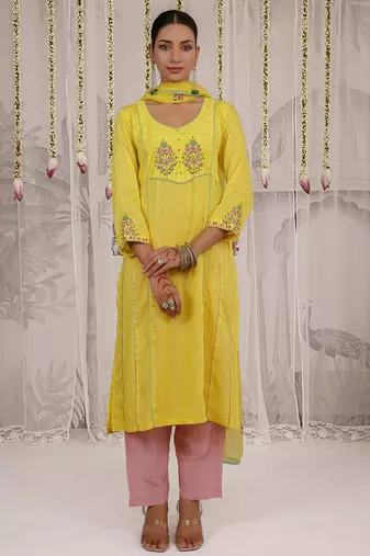 Yellow embroidered viscose Kurta Set