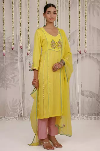 Yellow embroidered viscose Kurta Set