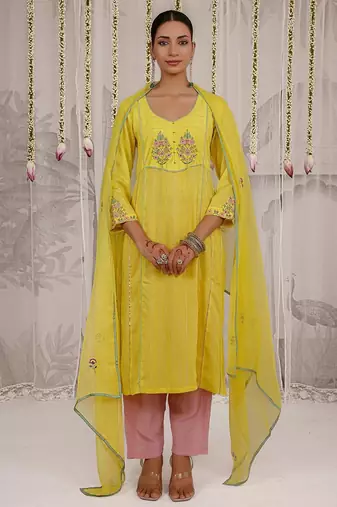 Yellow embroidered viscose Kurta Set