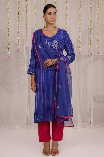 Blue embroidered viscose Kurta Set