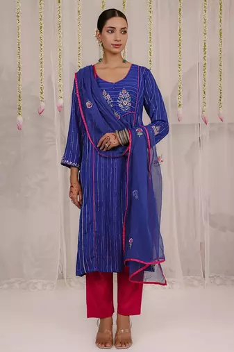 Blue embroidered viscose Kurta Set