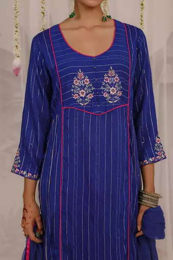 Blue embroidered viscose Kurta Set