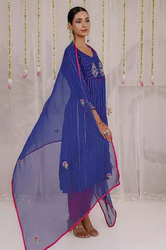 Blue embroidered viscose Kurta Set