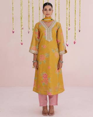 Yellow embroidered tissue Kurta Set 1