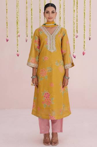 Yellow embroidered tissue Kurta Set