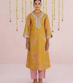 Yellow embroidered tissue Kurta Set