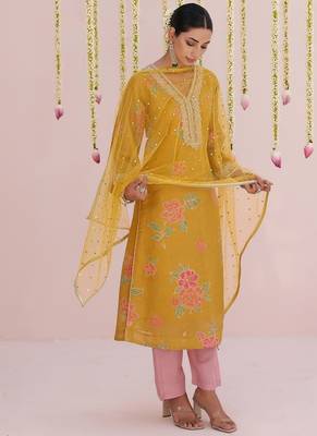 Yellow embroidered tissue Kurta Set 2