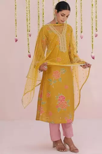 Yellow embroidered tissue Kurta Set