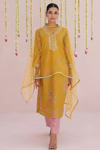 Yellow embroidered tissue Kurta Set