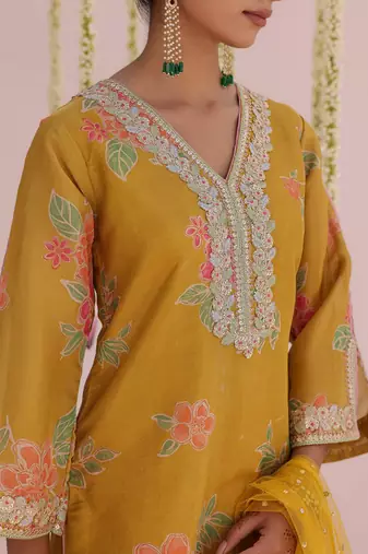 Yellow embroidered tissue Kurta Set