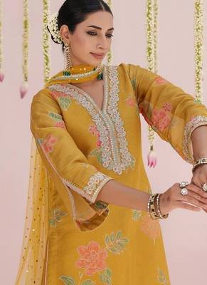 Yellow embroidered tissue Kurta Set 5