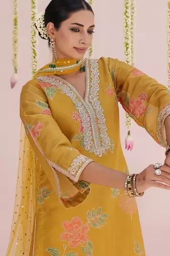 Yellow embroidered tissue Kurta Set