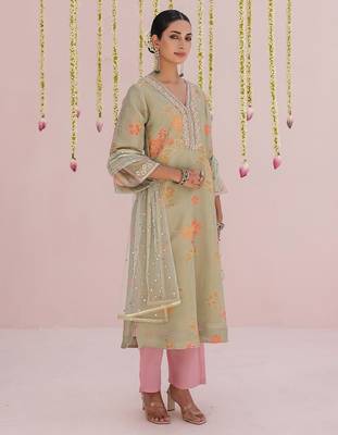 Green embroidered tissue Kurta Set 1