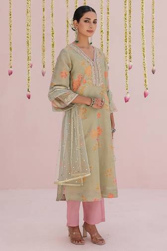 Green embroidered tissue Kurta Set