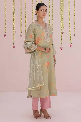 Green embroidered tissue Kurta Set