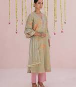 Green embroidered tissue Kurta Set