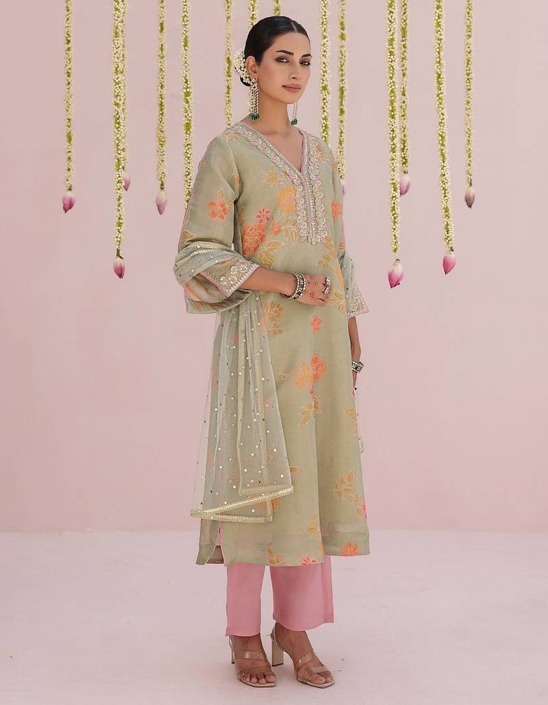 Green embroidered tissue Kurta Set