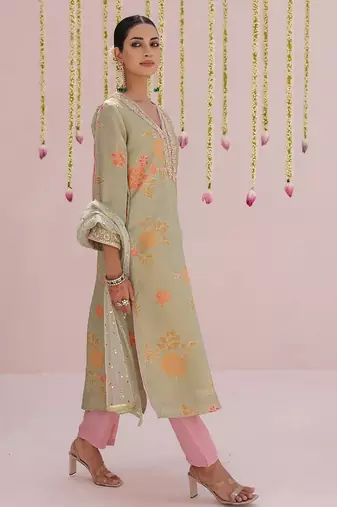 Green embroidered tissue Kurta Set