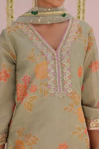 Green embroidered tissue Kurta Set