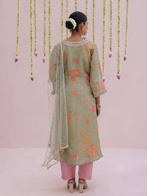 Green embroidered tissue Kurta Set 4