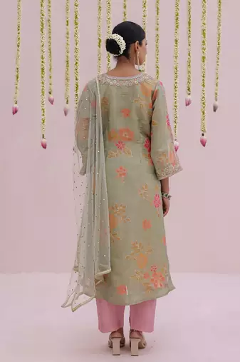 Green embroidered tissue Kurta Set