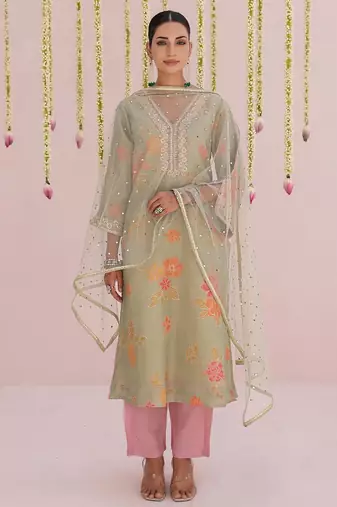 Green embroidered tissue Kurta Set