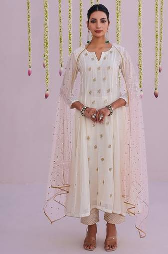 White embroidered chanderi Kurta Set