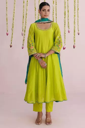 Lime-green plain chanderi Kurta Set
