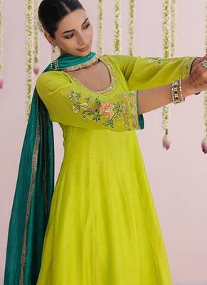 Lime-green plain chanderi Kurta Set 2
