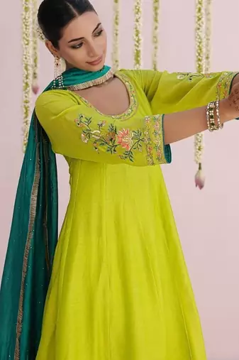Lime-green plain chanderi Kurta Set