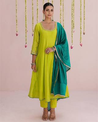 Lime-green plain chanderi Kurta Set 3