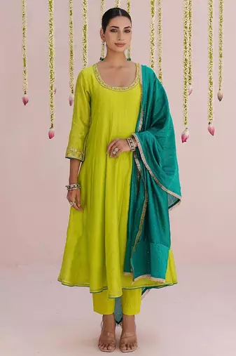Lime-green plain chanderi Kurta Set