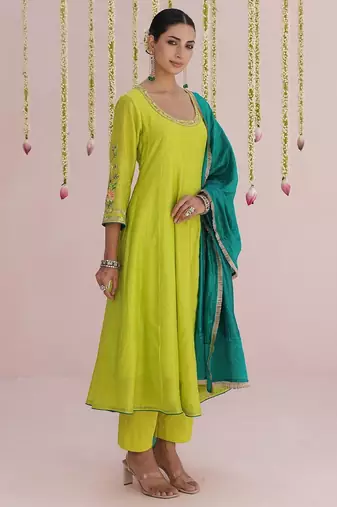 Lime-green plain chanderi Kurta Set