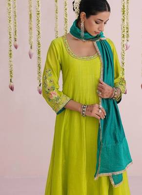 Lime-green plain chanderi Kurta Set 5