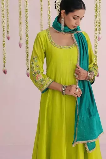 Lime-green plain chanderi Kurta Set
