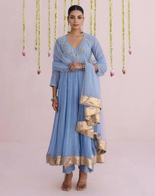 Blue plain chanderi Kurta Set 1