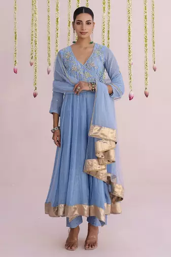 Blue plain chanderi Kurta Set