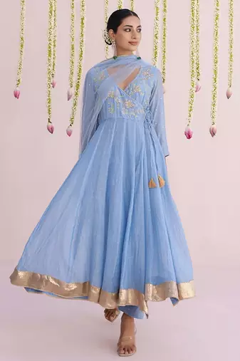 Blue plain chanderi Kurta Set