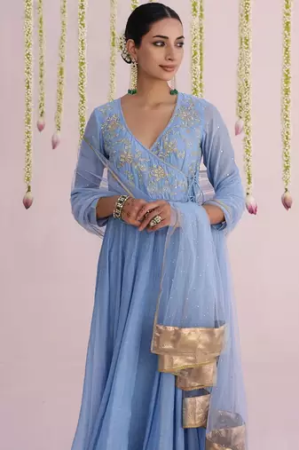 Blue plain chanderi Kurta Set