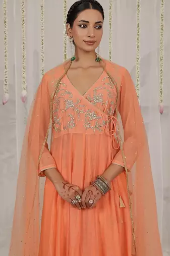 Peach embroidered chanderi Kurta Set