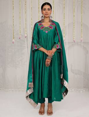Green plain chanderi Kurta Set 1