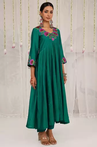 Green plain chanderi Kurta Set