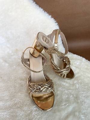 Gold embroidered leather heels 4