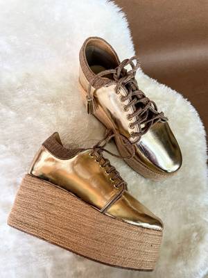 Gold solid leather wedges shoes 2