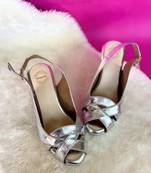 Silver solid leather sling back heels