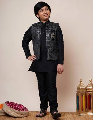 Boys black cotton silk geometric zari embroidered kurta pyjama set with shrug 1