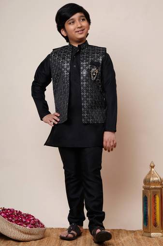 Boys black cotton silk geometric zari embroidered kurta pyjama set with shrug