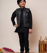 Boys black cotton silk geometric zari embroidered kurta pyjama set with shrug